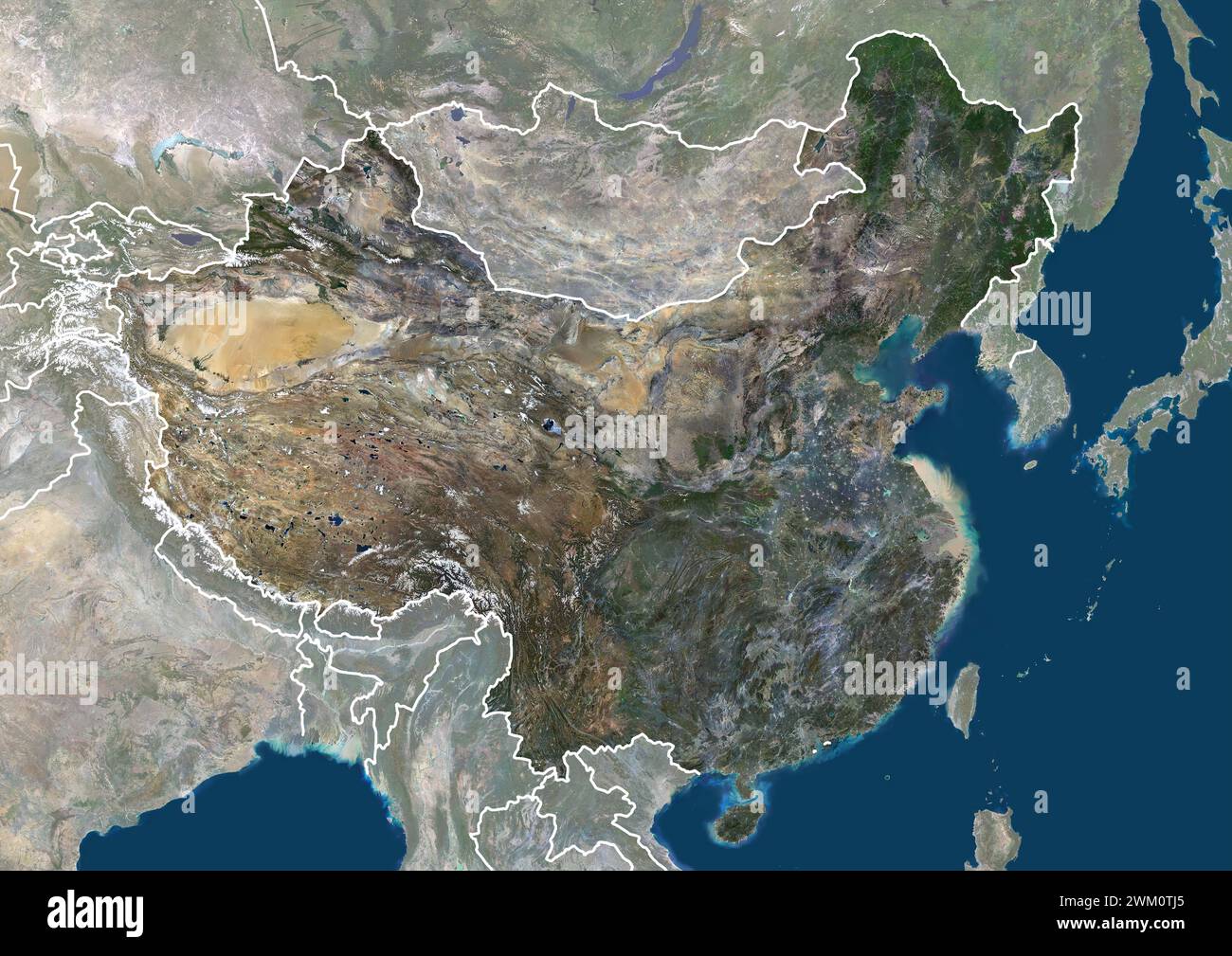 Color satellite image of China, with borders and mask. Stock Photo