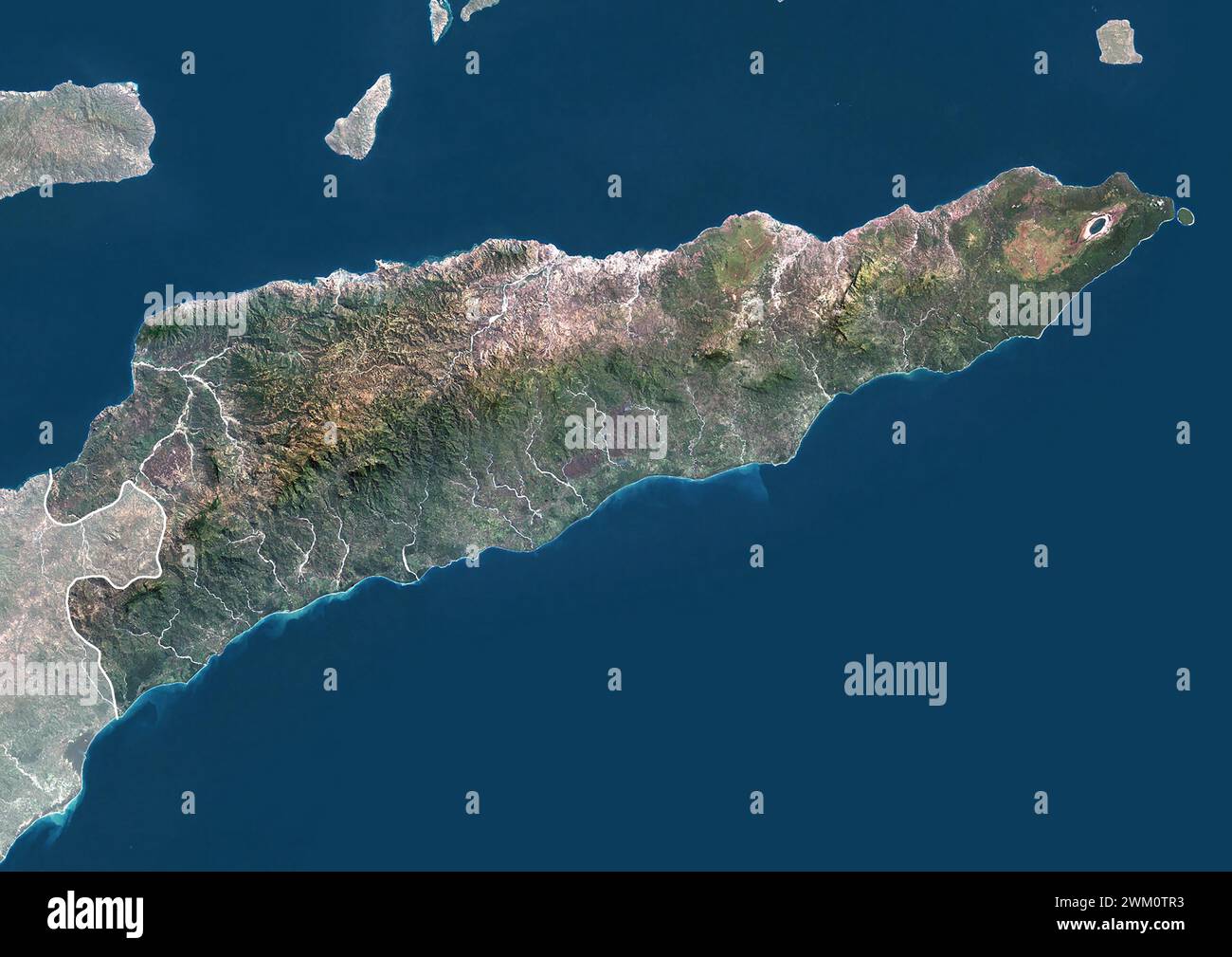 Color satellite image of East Timor, with borders and mask Stock Photo