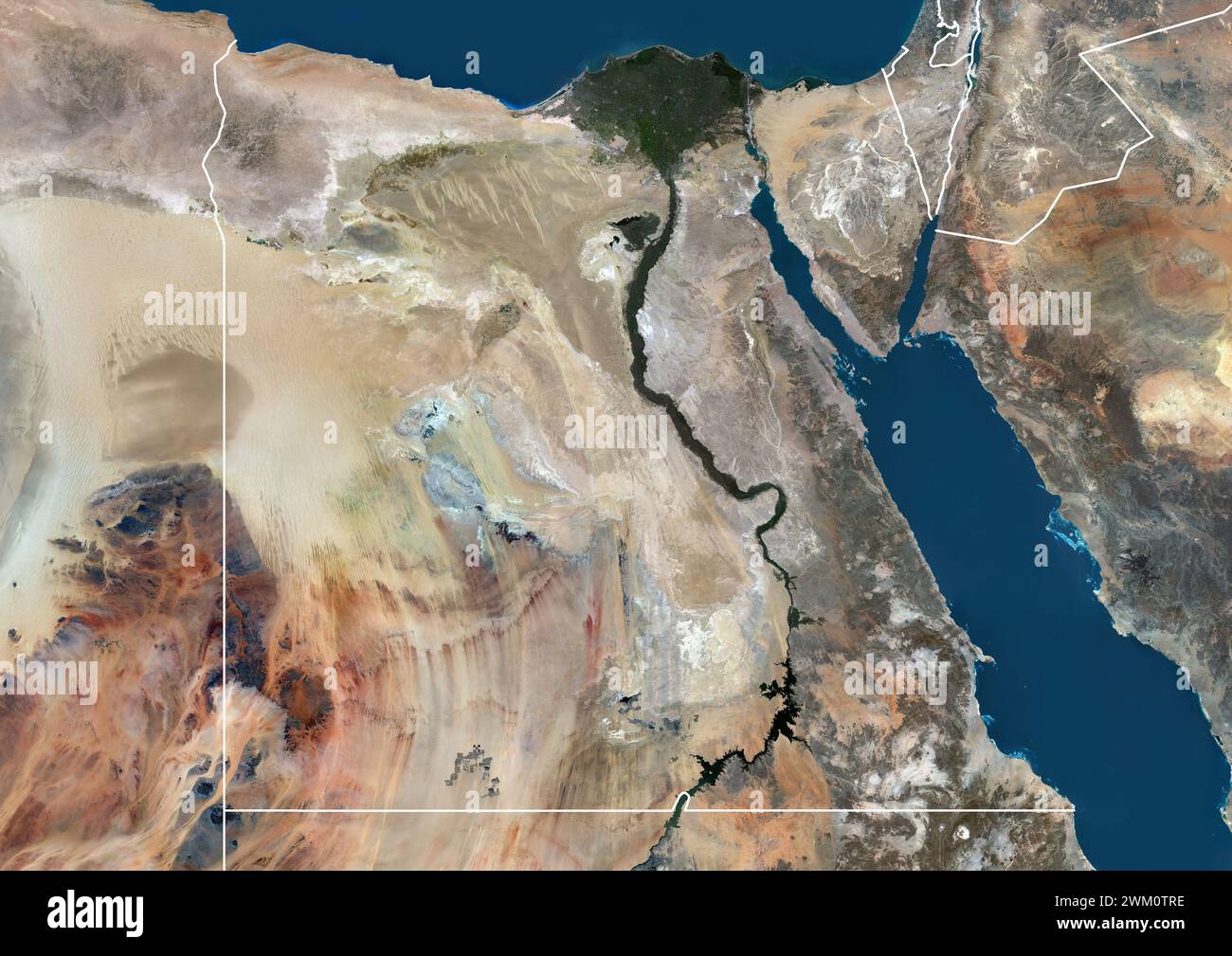 Color satellite image of Egypt and neighbouring countries, with borders. Stock Photo