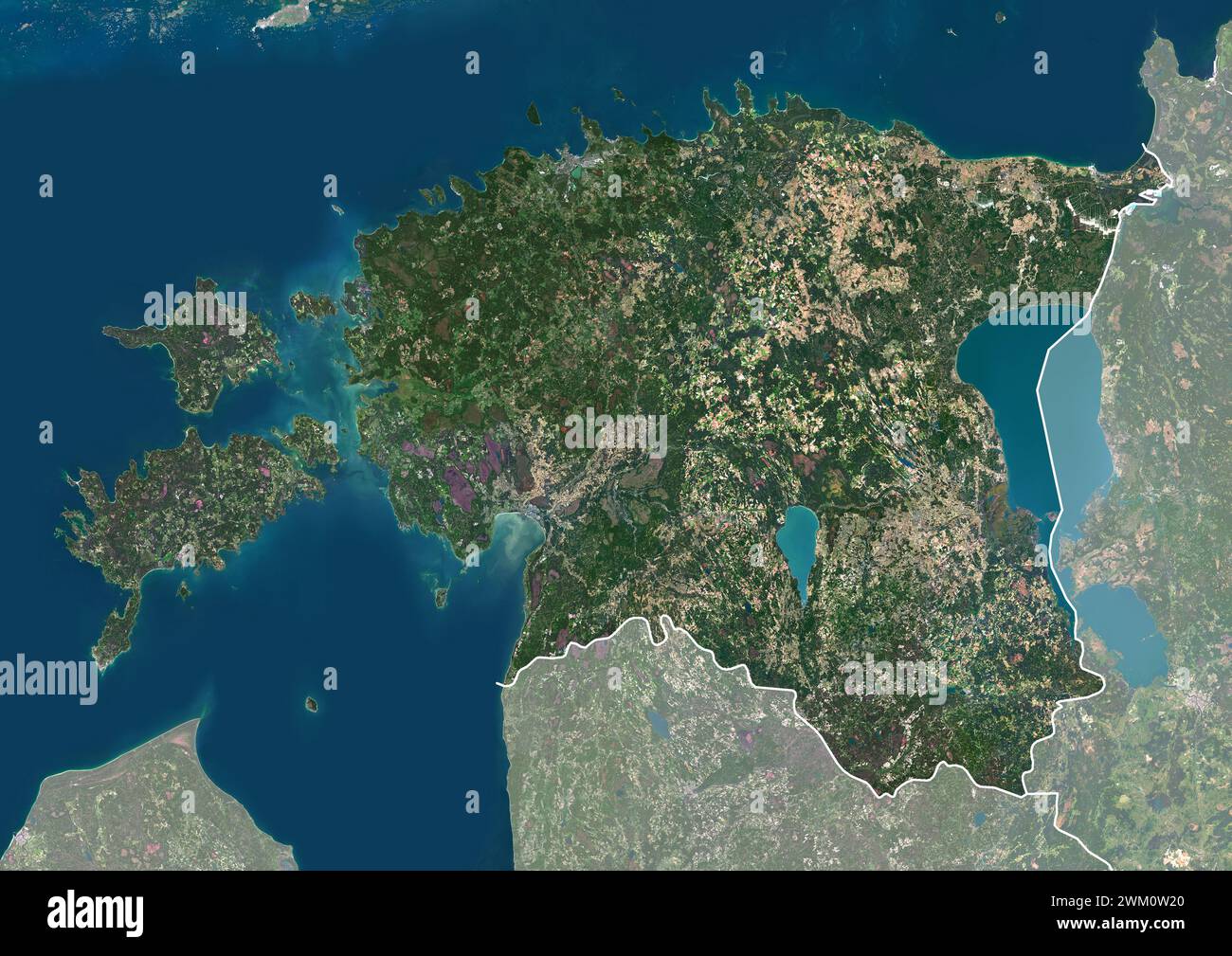 Color satellite image of Estonia, with borders and mask. Stock Photo