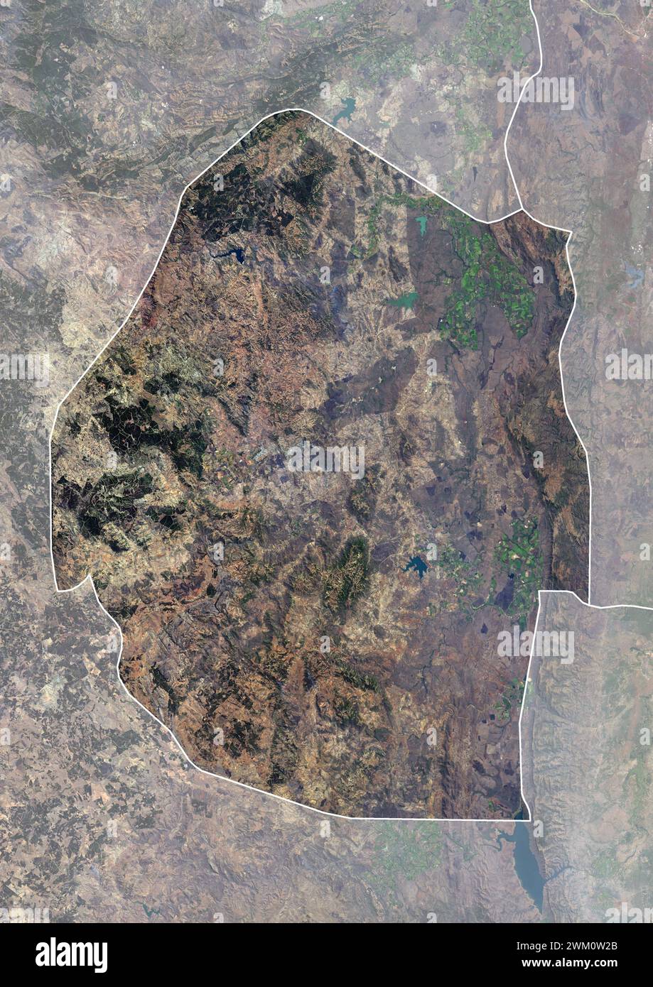 Color satellite image of Eswatini, with borders and mask. Stock Photo