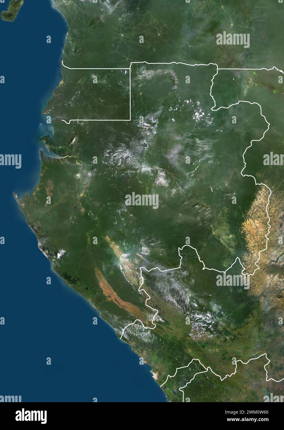 Color satellite image of Gabon and Equatorial Guinea and other neighbouring countries, with borders. Stock Photo