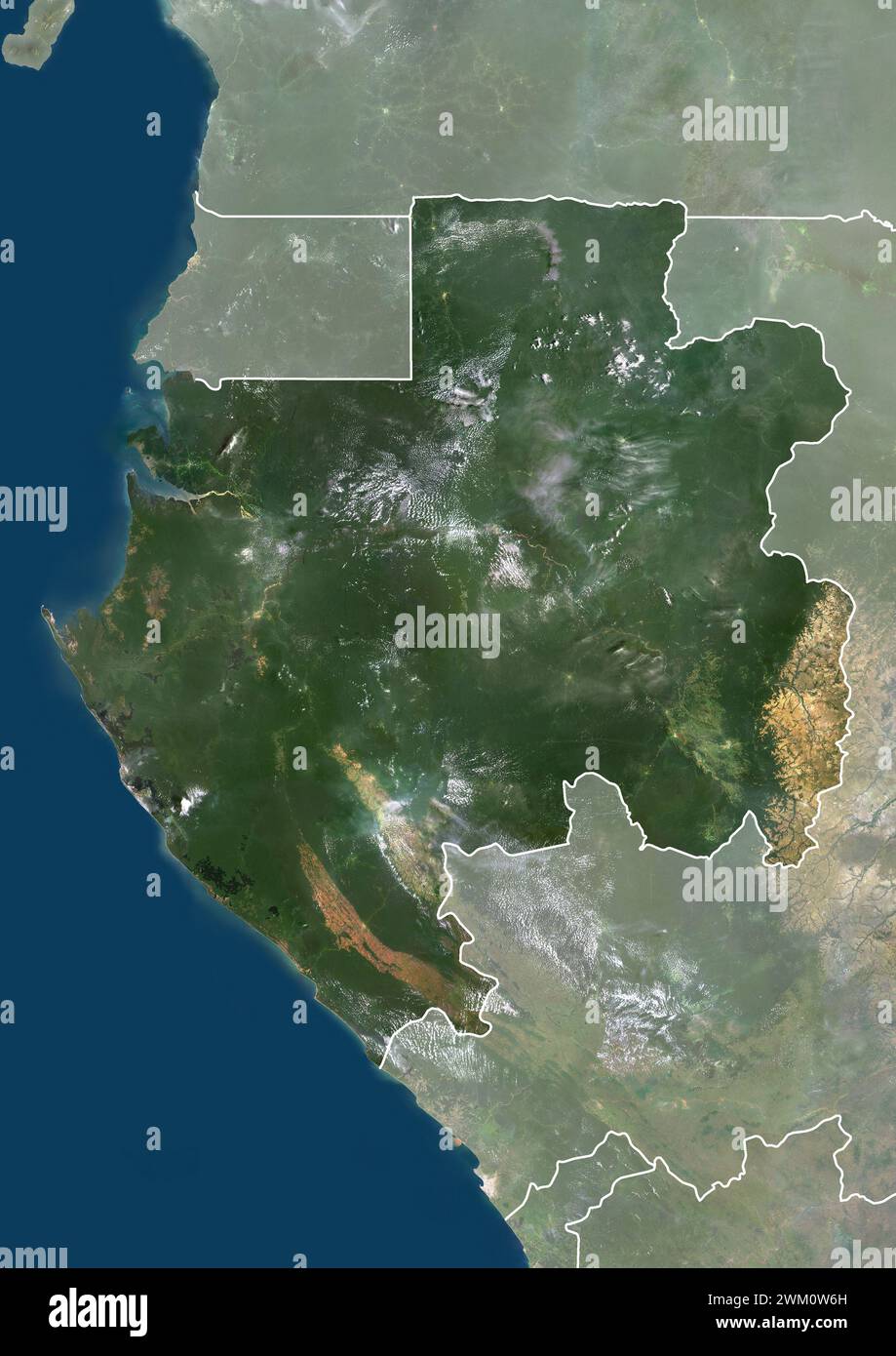 Color satellite image of Gabon, with borders and mask. Stock Photo