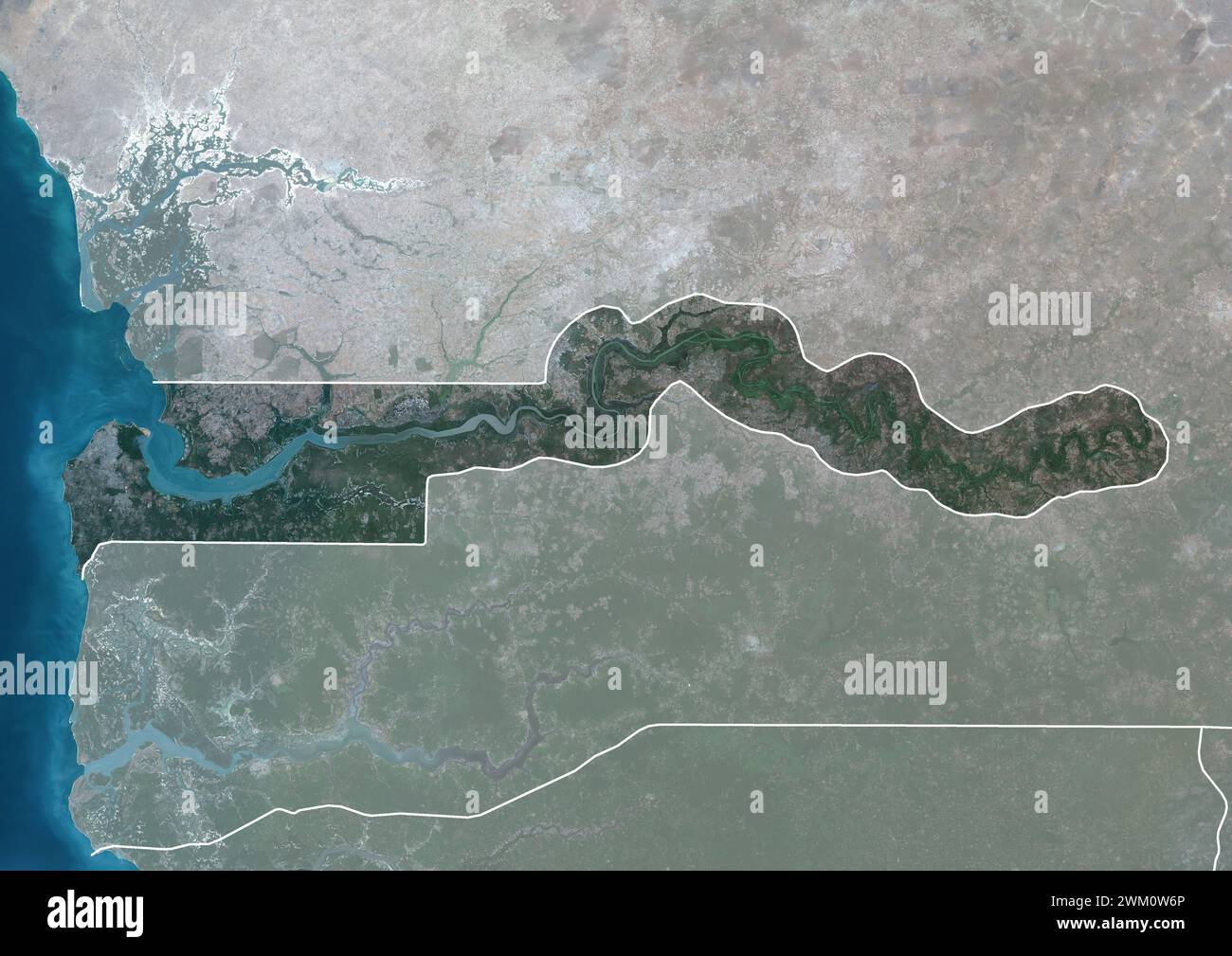 Color satellite image of Gambia, with borders and mask. Stock Photo