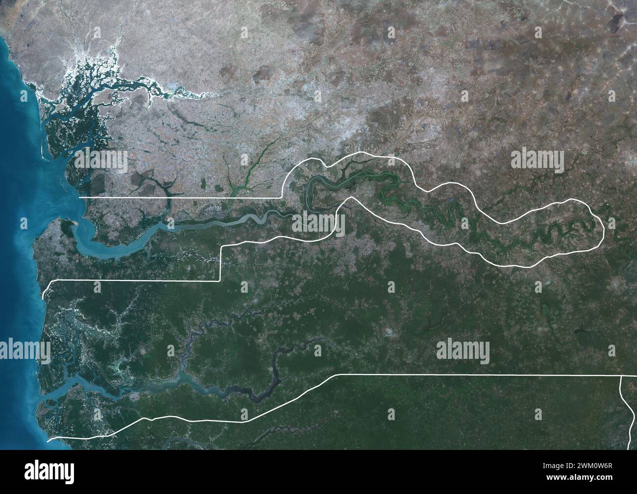 Color satellite image of Gambia and neighbouring countries, with borders. Stock Photo
