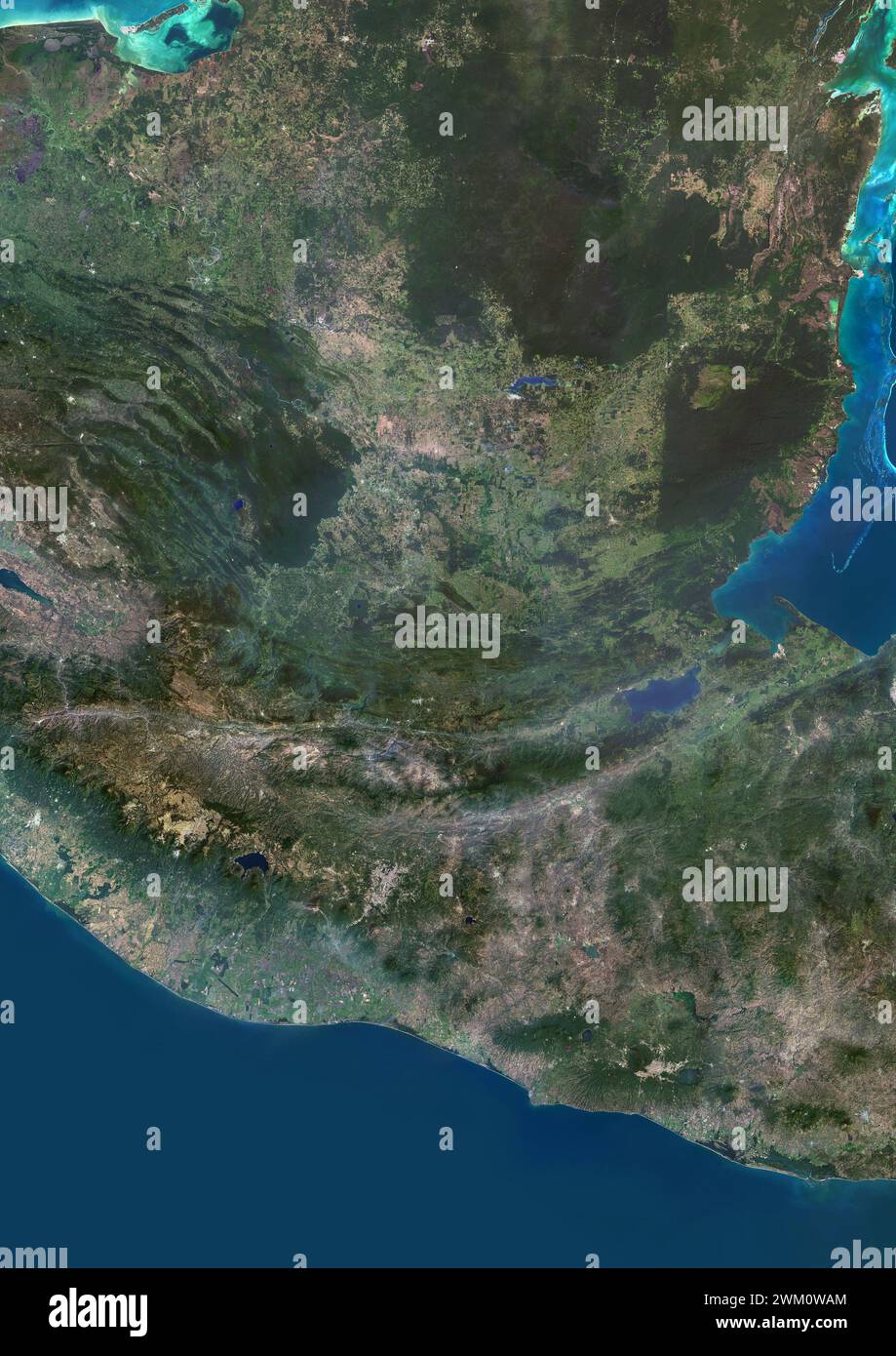 Color satellite image of Guatemala and neighbouring countries, including Belize. Stock Photo