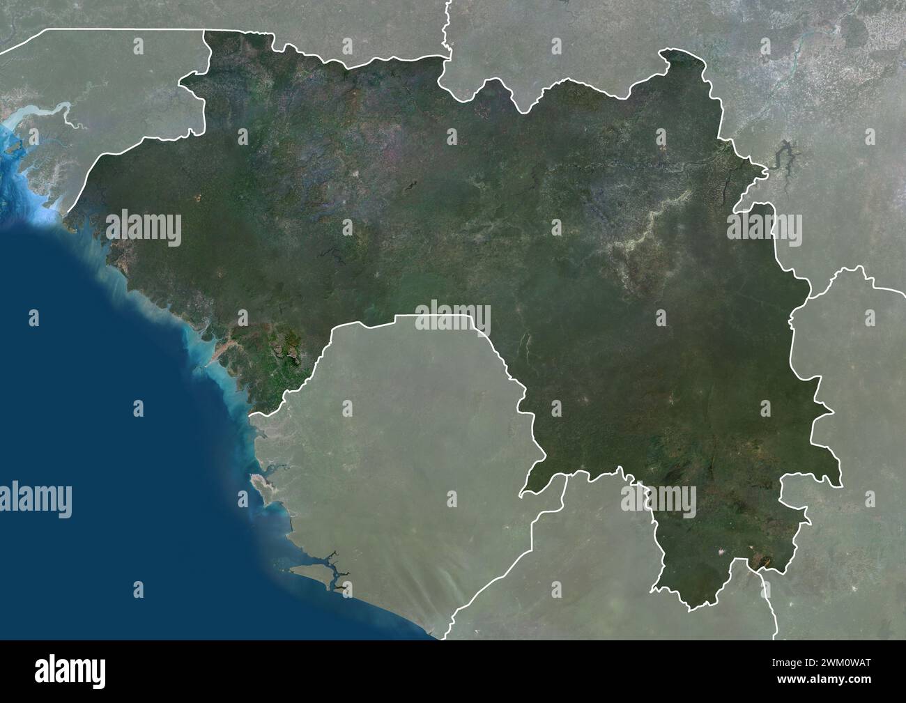 Color satellite image of Guinea, with borders and mask. Stock Photo
