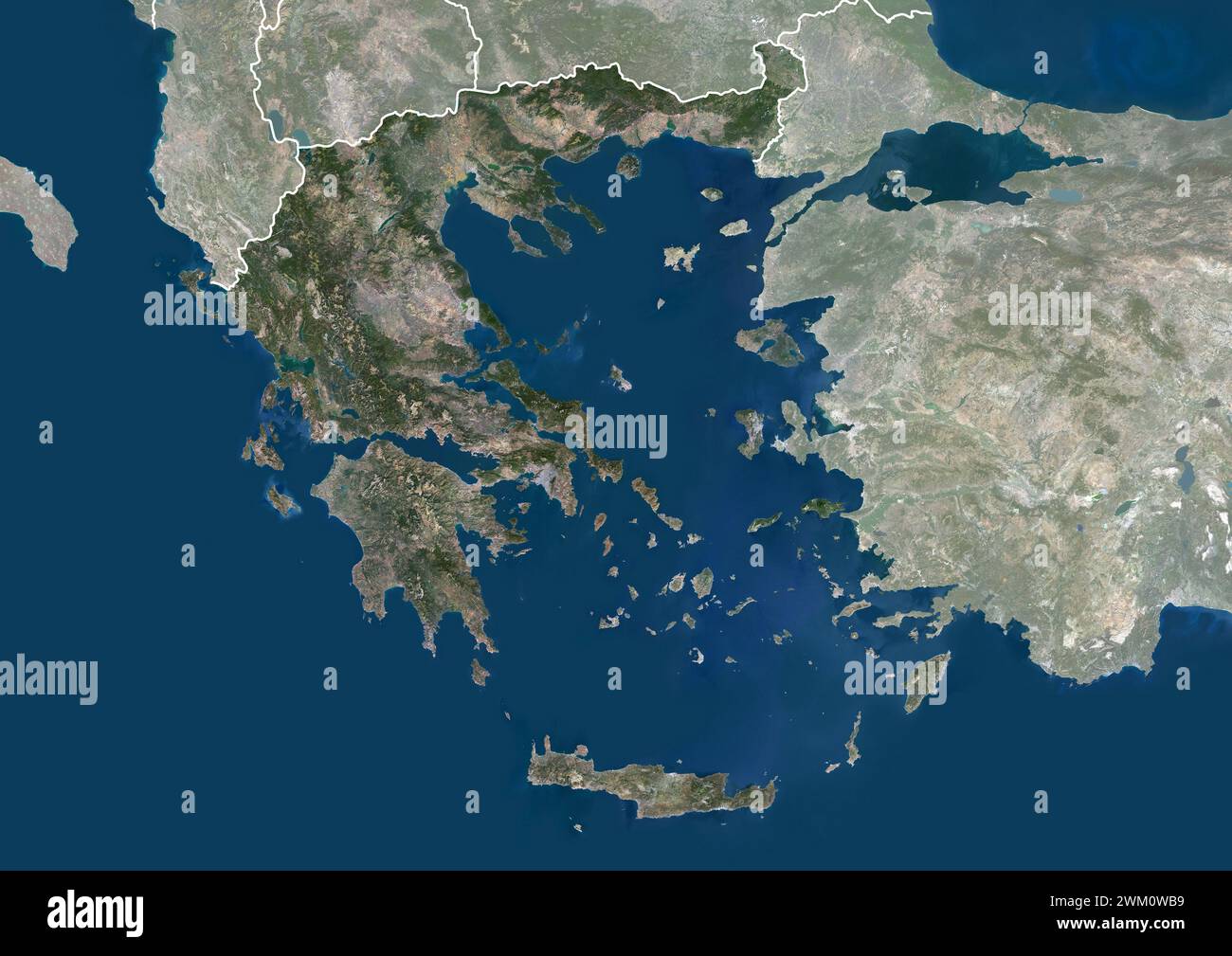 Color satellite image of Greece and neighbouring countries, with borders and mask. Stock Photo