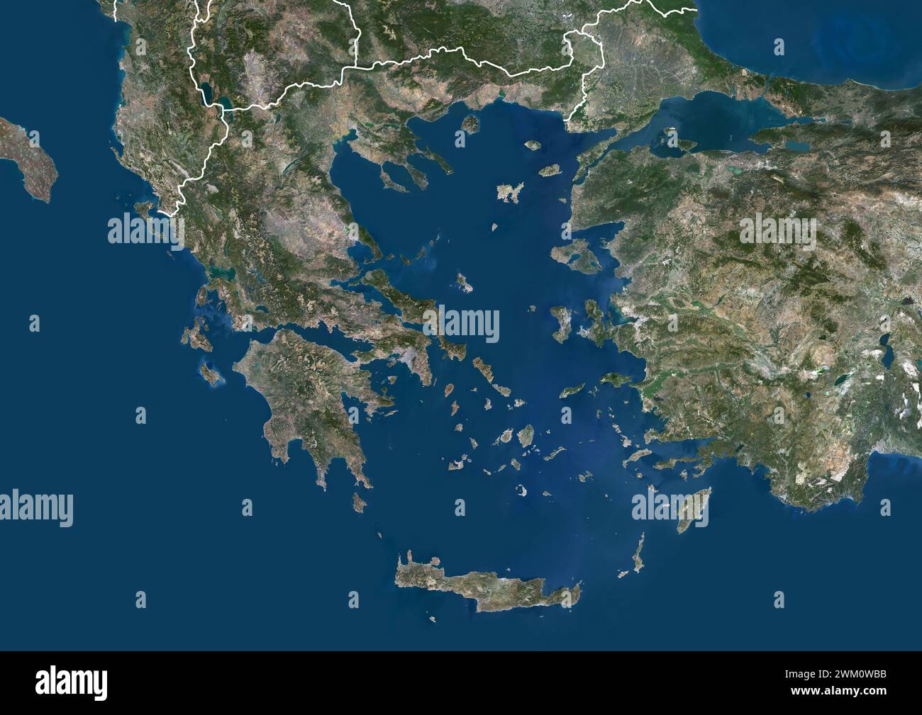 Color satellite image of Greece and neighbouring countries, with borders. Stock Photo