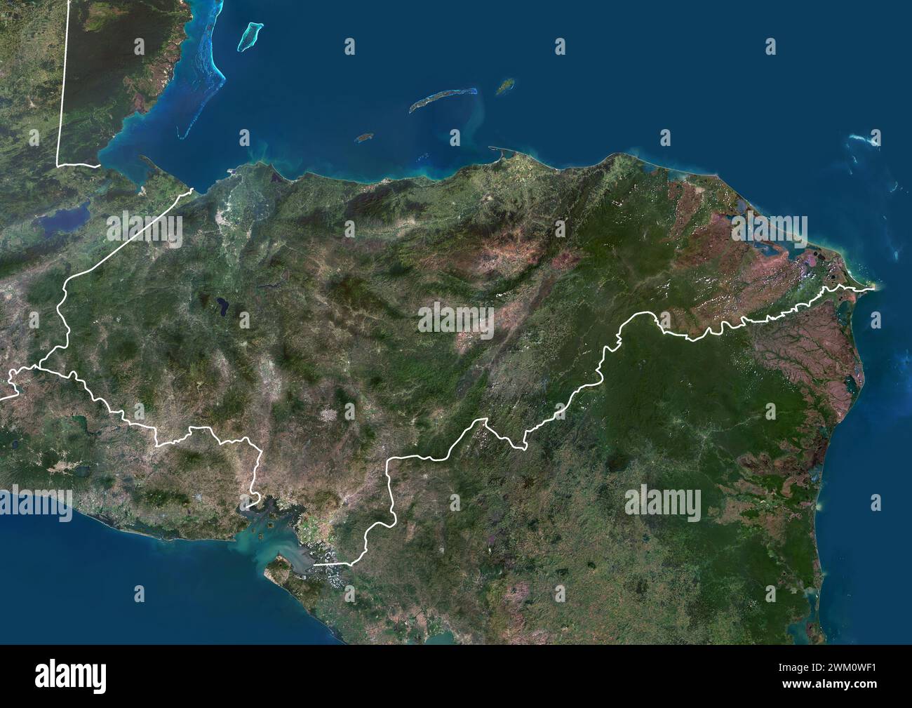 Color satellite image of Honduras and neighbouring countries, with borders. Stock Photo