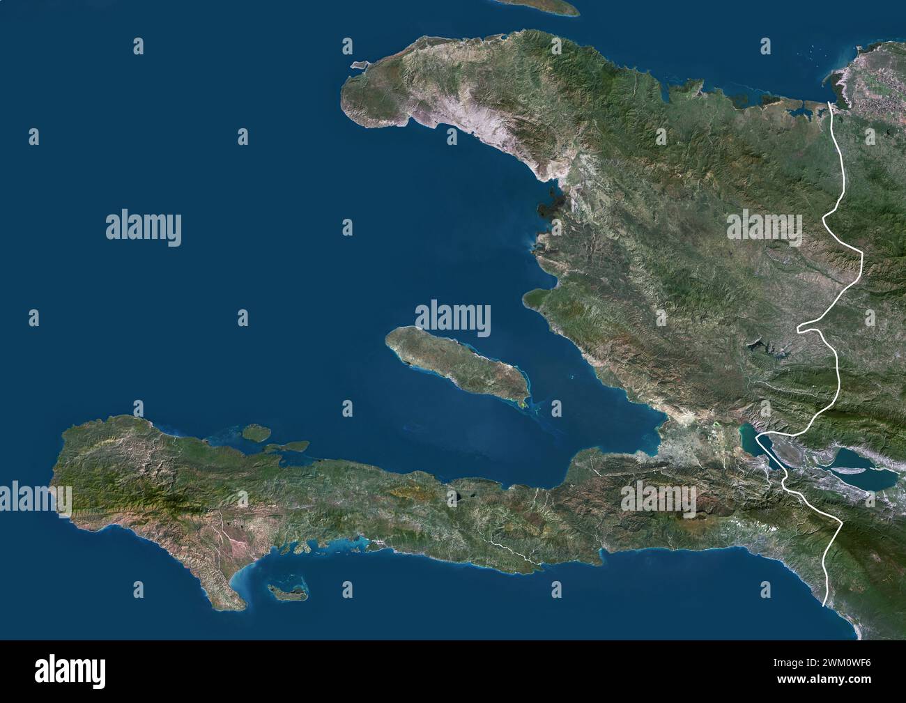 Color satellite image of Haiti and neighbouring country, with borders. Stock Photo
