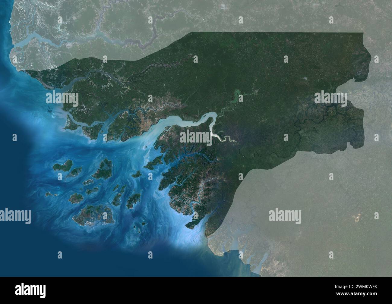 Color satellite image of Guinea-Bissau, with mask. Stock Photo