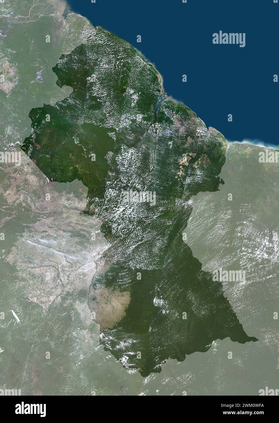 Color satellite image of Guyana, with mask. Stock Photo