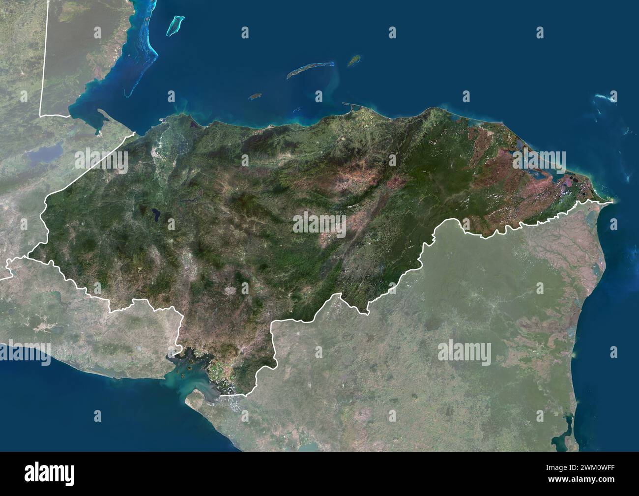 Color satellite image of Honduras, with borders and mask. Stock Photo