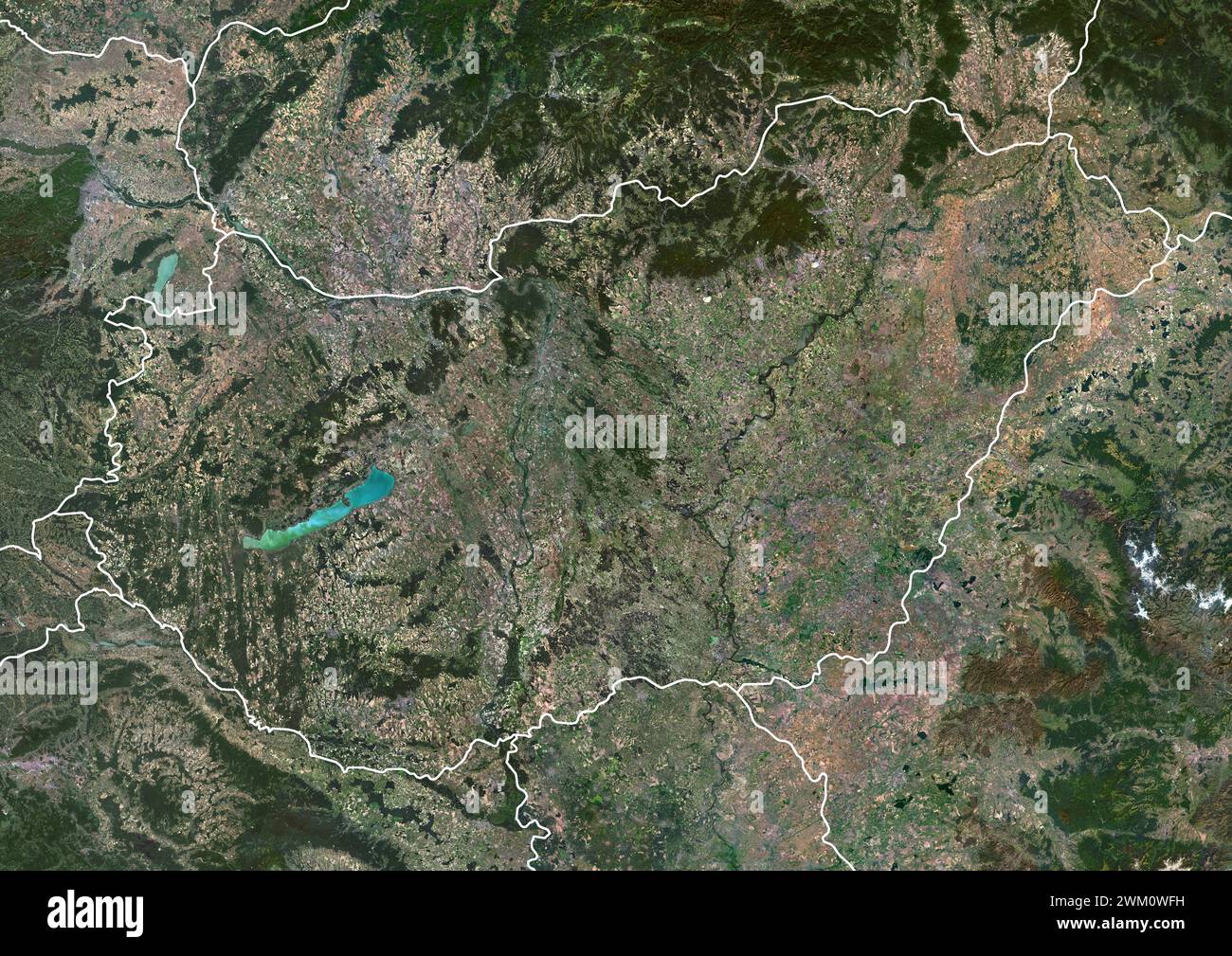 Color satellite image of Hungary and neighbouring countries. Stock Photo
