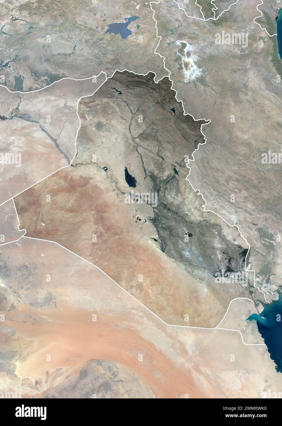 Color satellite image of Iraq, with borders and mask. Stock Photo