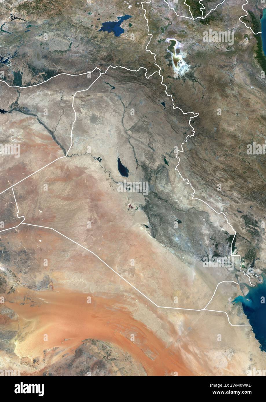 Color satellite image of Iraq and neighbouring countries, with borders. Stock Photo