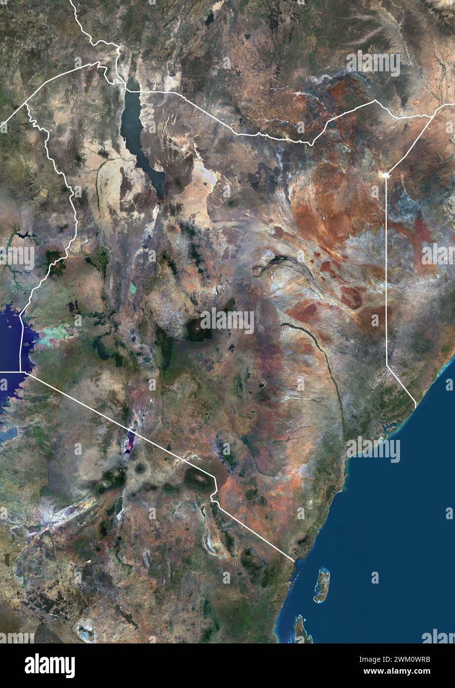 Color satellite image of Kenya and neighbouring countries. Stock Photo