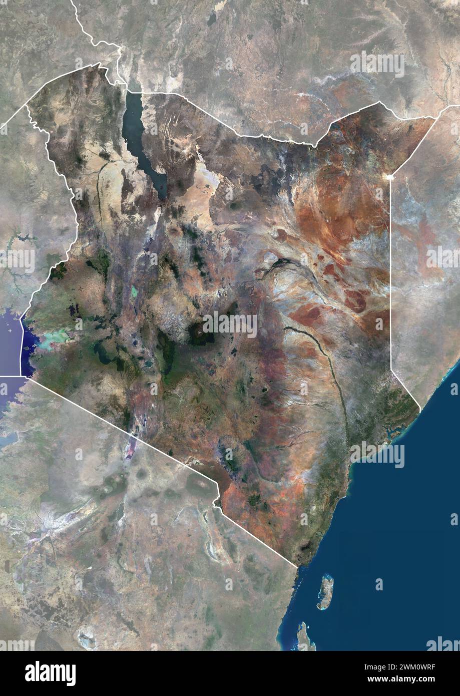 Color satellite image of Kenya, with borders and mask. Stock Photo