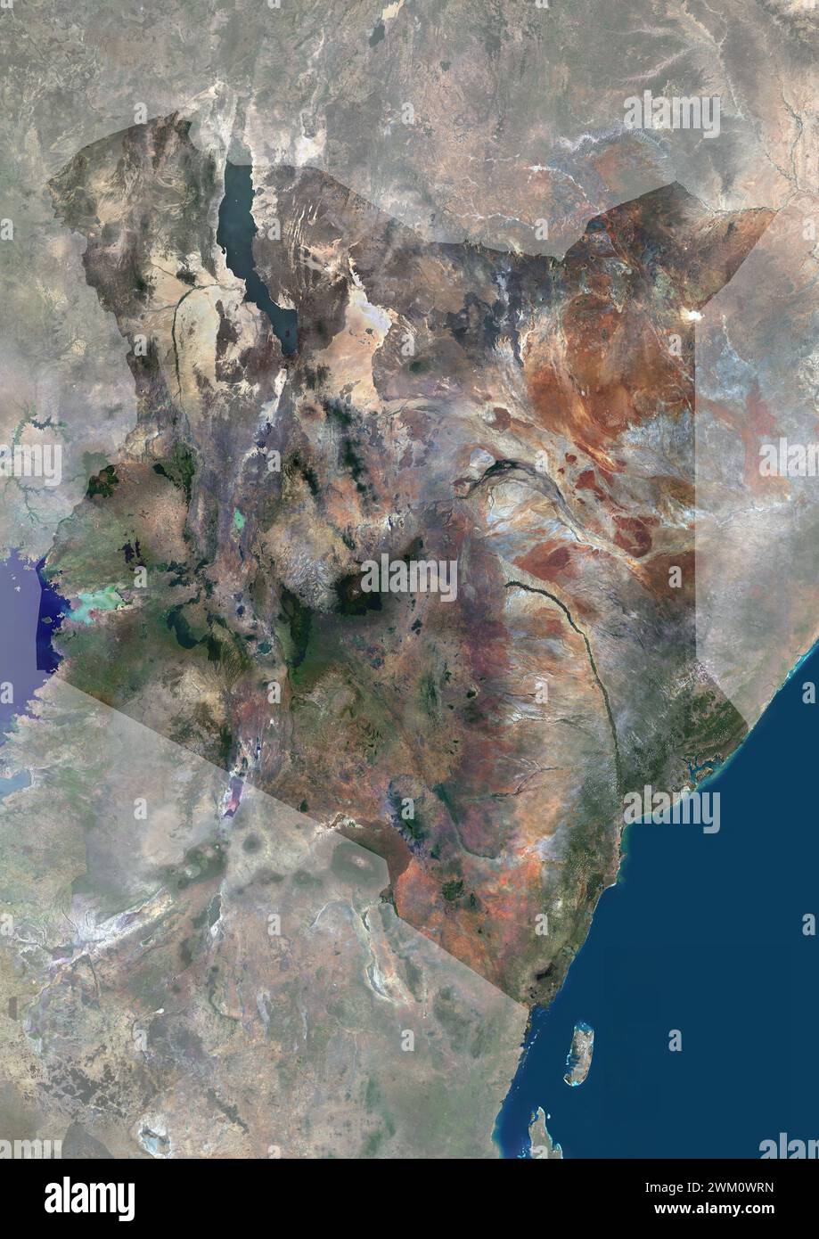 Color satellite image of Kenya, with mask. Stock Photo