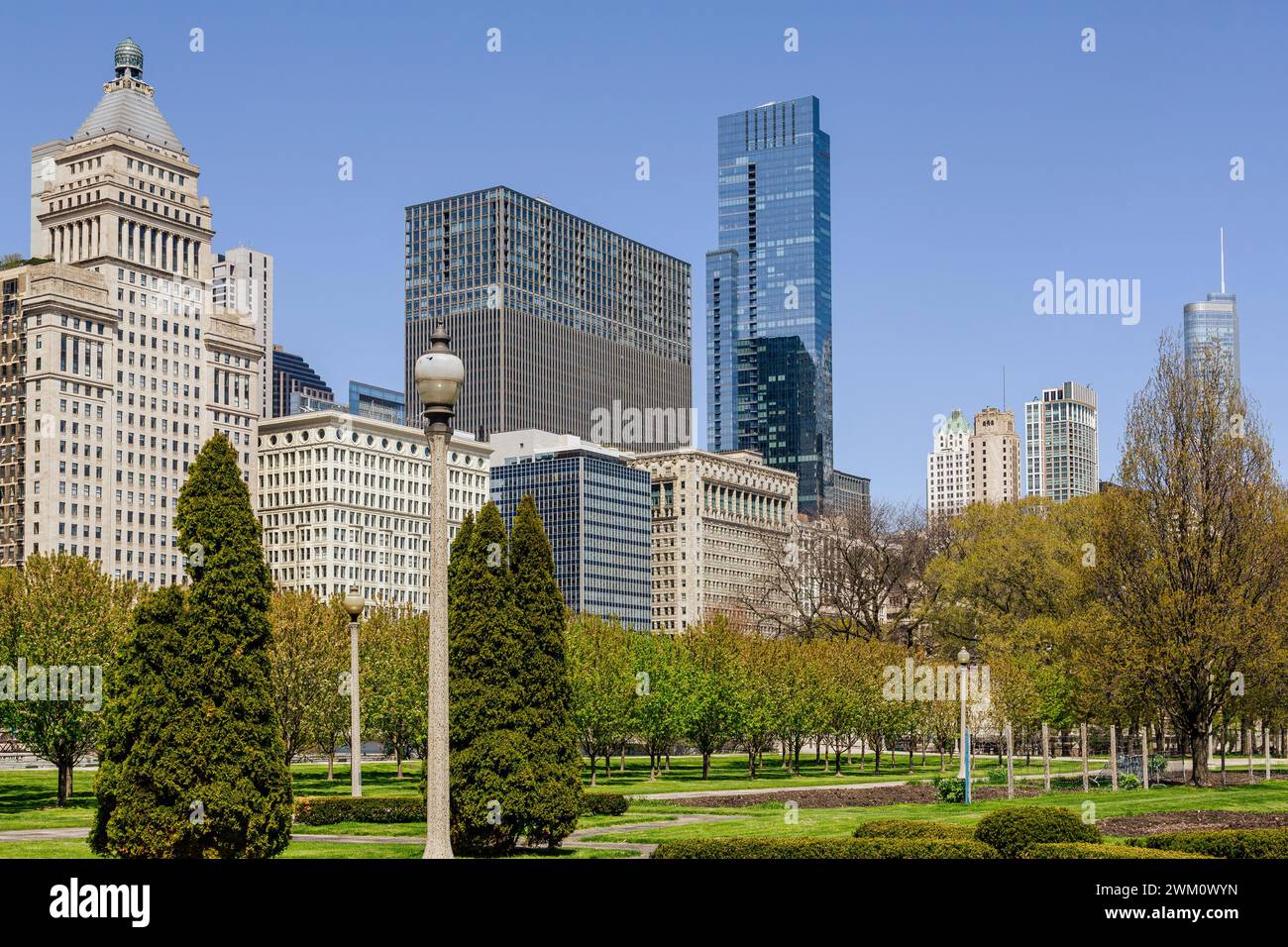 USA, Illinois, Chicago, City park with skyline skyscrapers in background Stock Photo