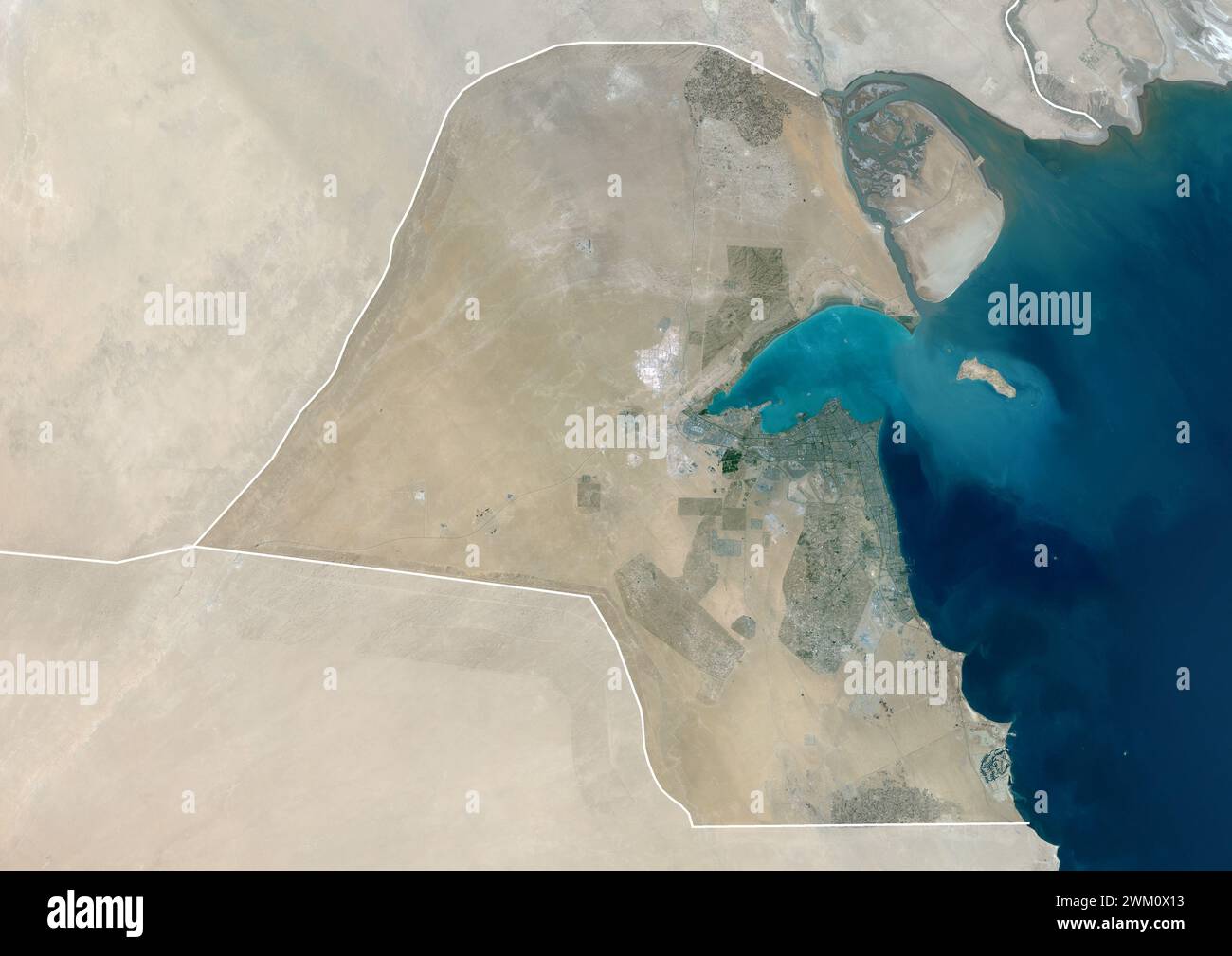Color satellite image of Kuwait, with borders and mask. Stock Photo