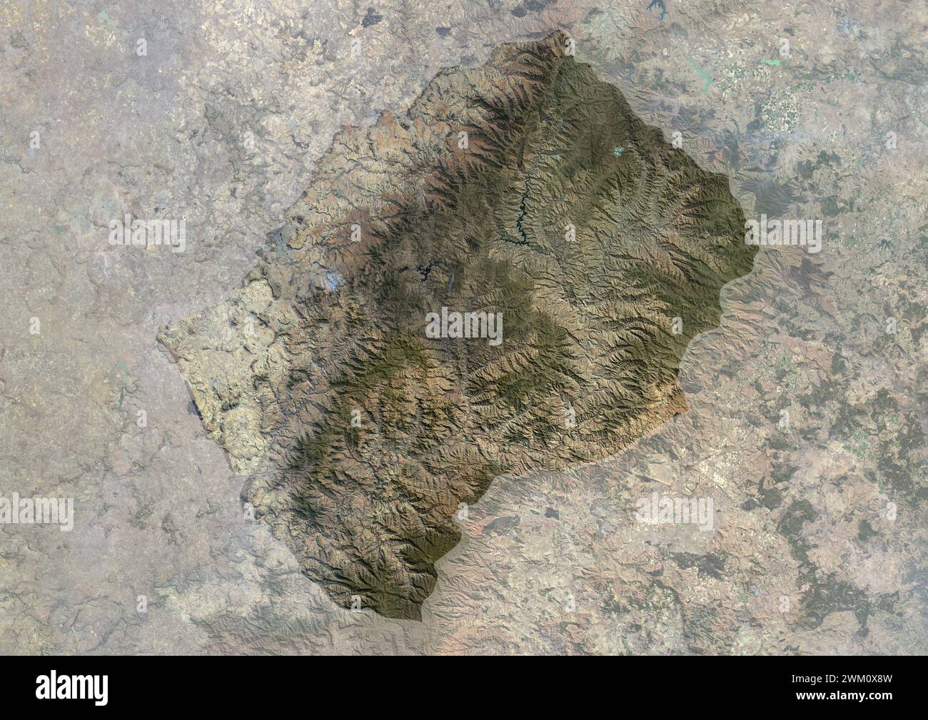 Color satellite image of Lesotho, with mask. Stock Photo