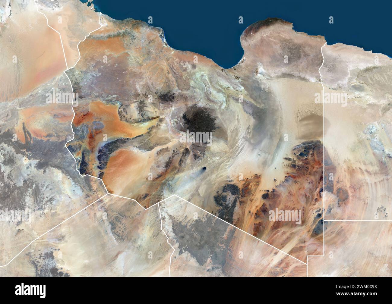 Color satellite image of Libya, with borders and mask. Stock Photo