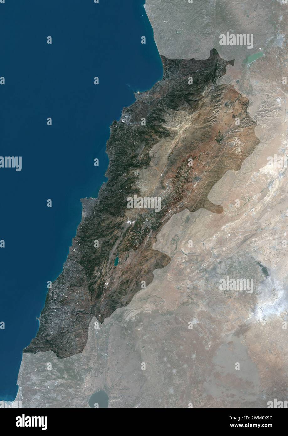 Color satellite image of Lebanon, with mask. Stock Photo