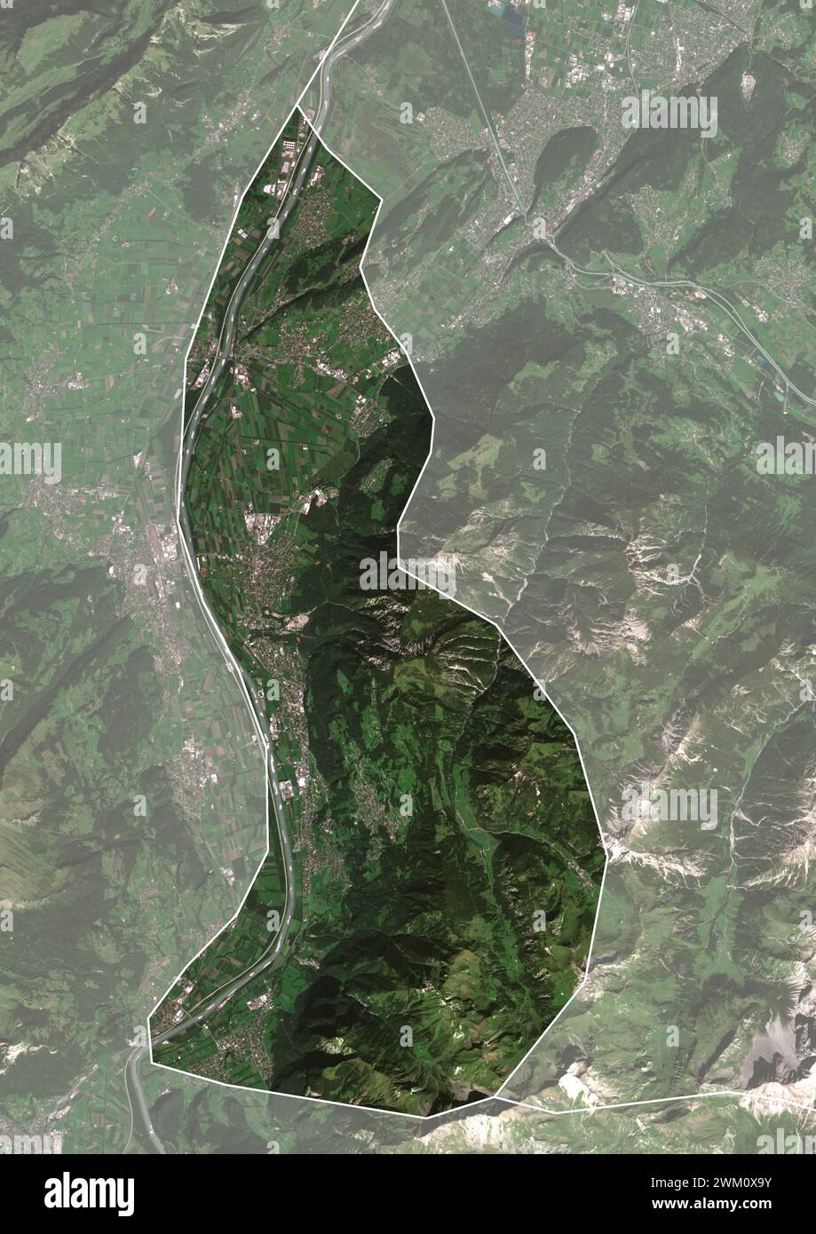 Color satellite image of Liechtenstein, with borders and mask. Stock Photo