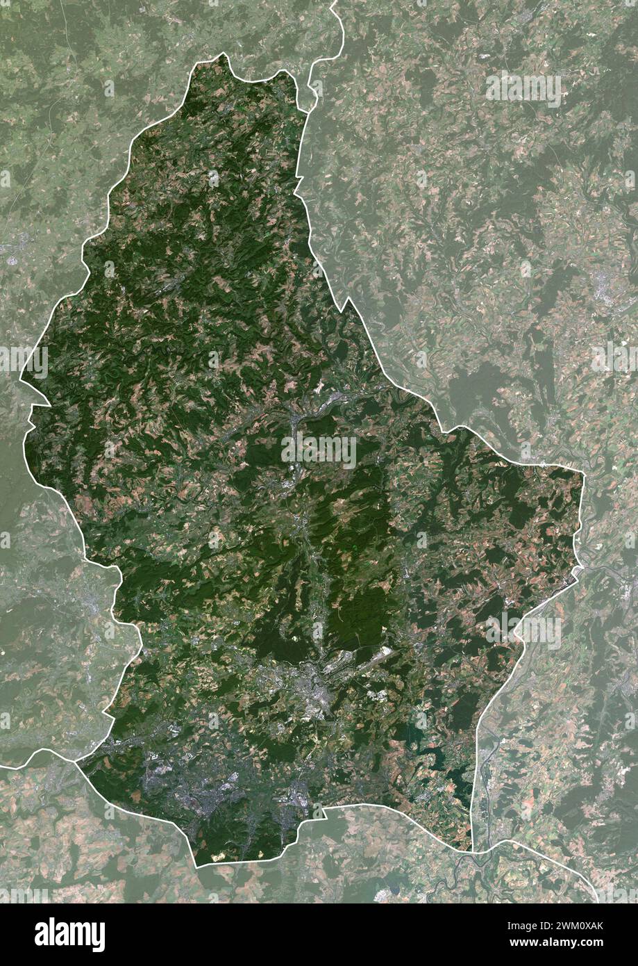 Color satellite image of Luxembourg, with borders and mask. Stock Photo