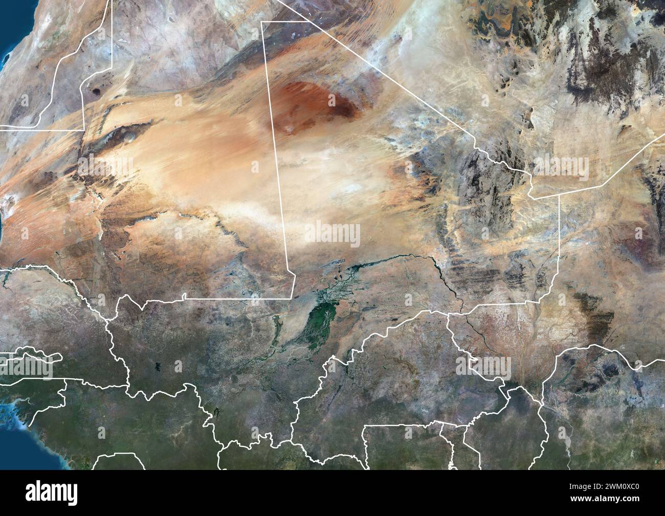 Color satellite image of Mali and neighbouring countries, with borders. Stock Photo