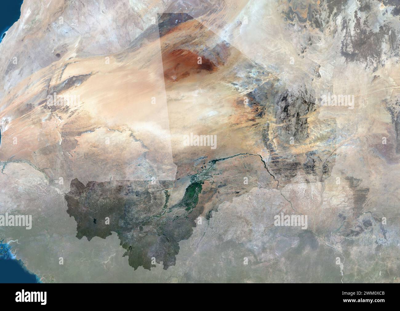 Color satellite image of Mali, with mask. Stock Photo