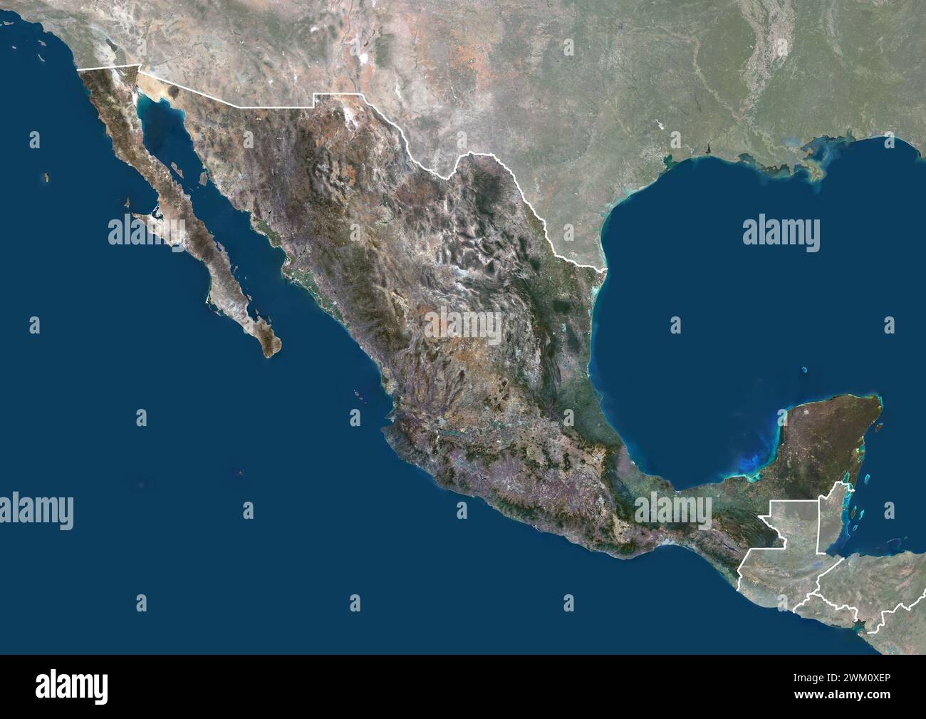 Color satellite image of Mexico, with borders and mask. Stock Photo