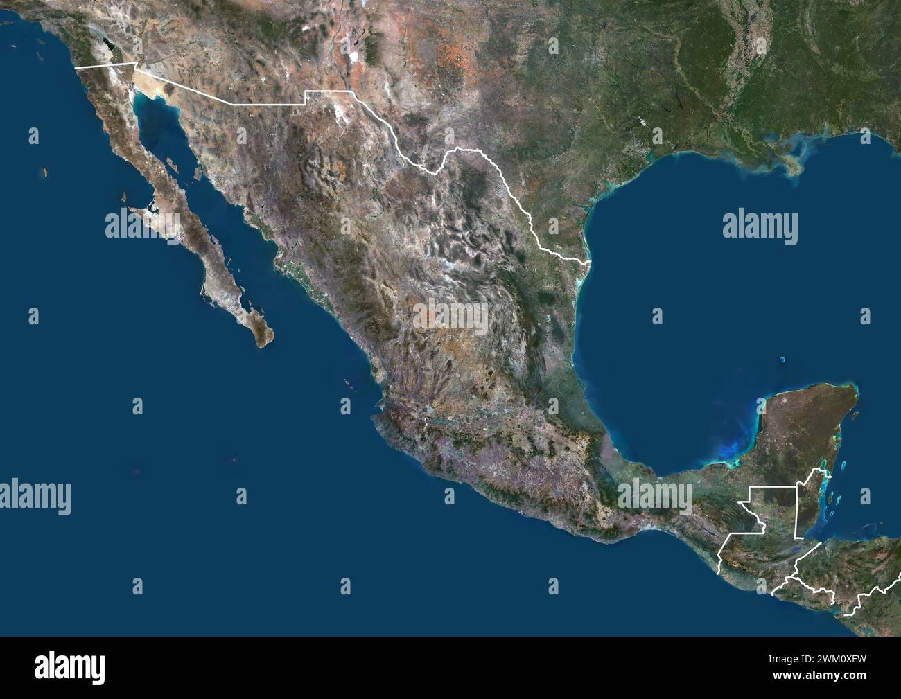 Color satellite image of Mexico and neighbouring countries, with borders. Stock Photo