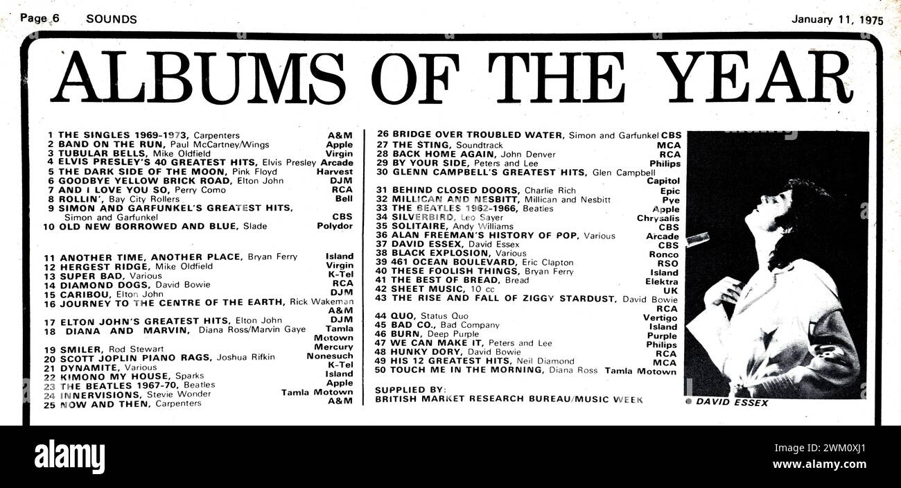 Top 50 Albums of the year 1974, chart from Sounds music paper. Number one place The Carpenters.  Includes Deep Purple with Burn at number 46 just above Peters and Lee Stock Photo