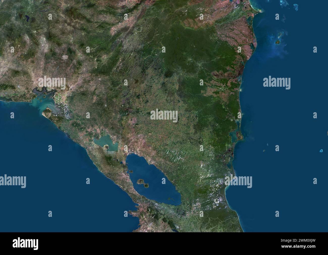 Color satellite image of Nicaragua and neighbouring countries. Stock Photo