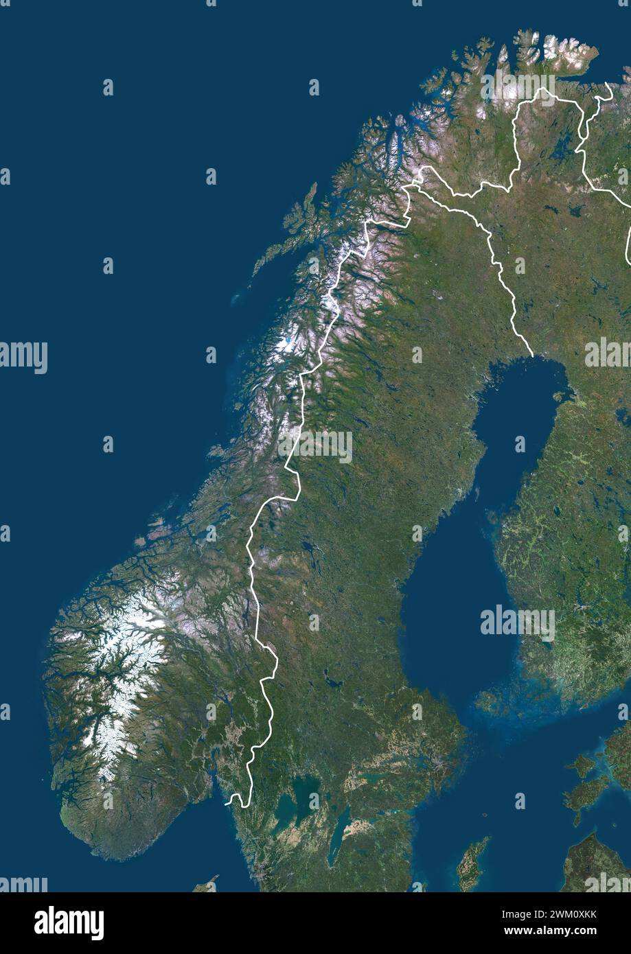 Color satellite image of Norway and neighbouring countries. Stock Photo