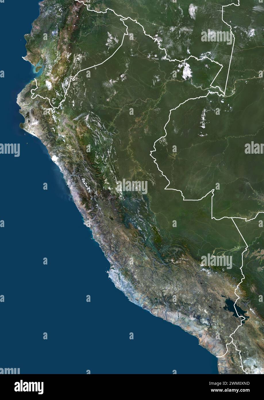 Color satellite image of Peru and neighbouring countries, with borders. Stock Photo