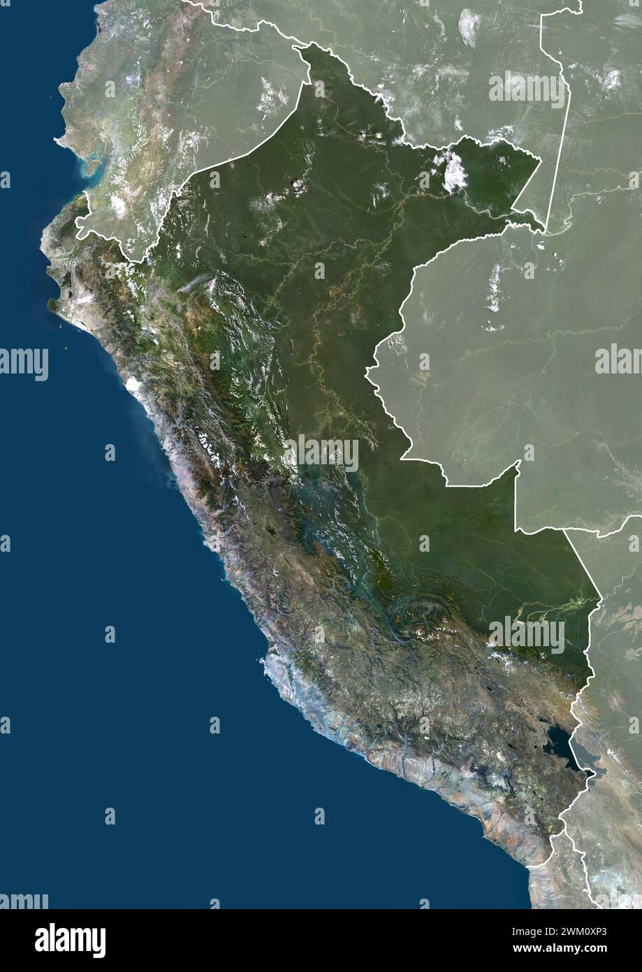 Color satellite image of Peru, with borders and mask. Stock Photo