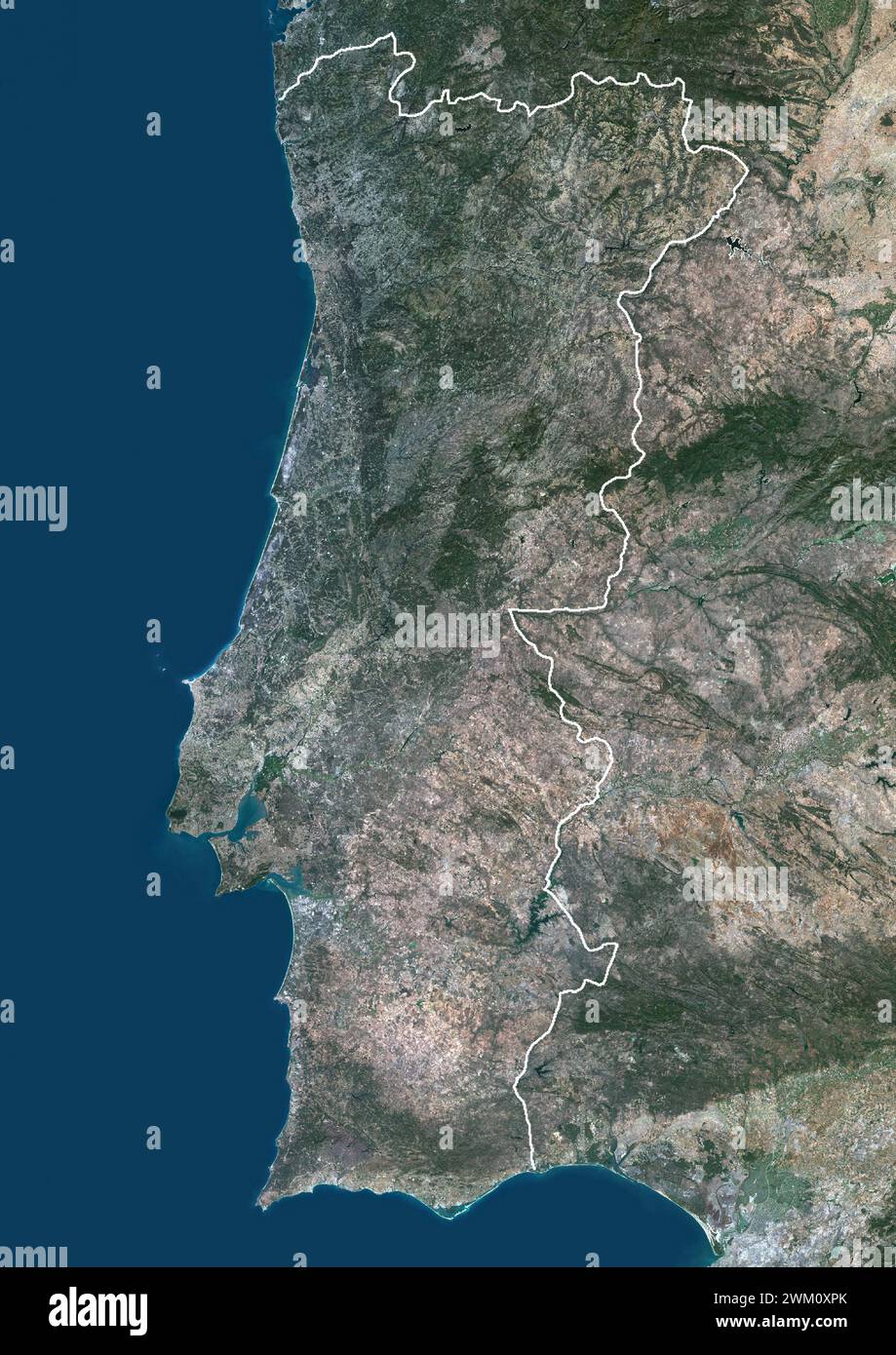 Color satellite image of Portugal and neighbouring countries, with borders. Stock Photo