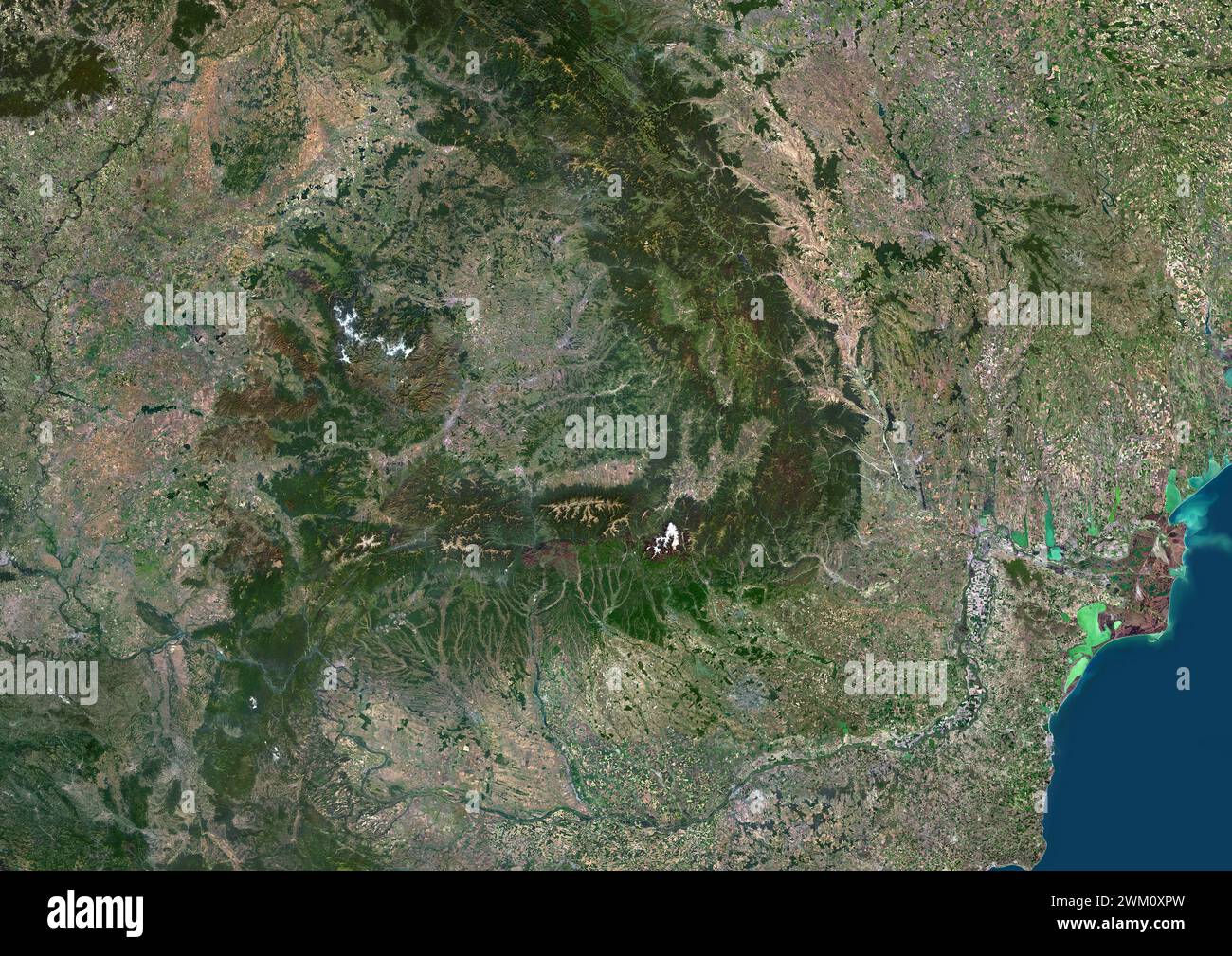 Color satellite image of Romania and neighbouring countries. Stock Photo