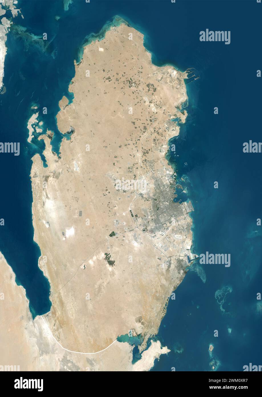 Color satellite image of Qatar, with borders and mask. Stock Photo
