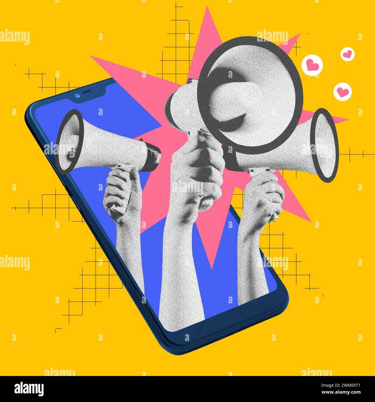 Hands with three megaphones stacking out phone screen symbolizing importance and relevance of usage social media for bran promotion. Contemporary art Stock Photo