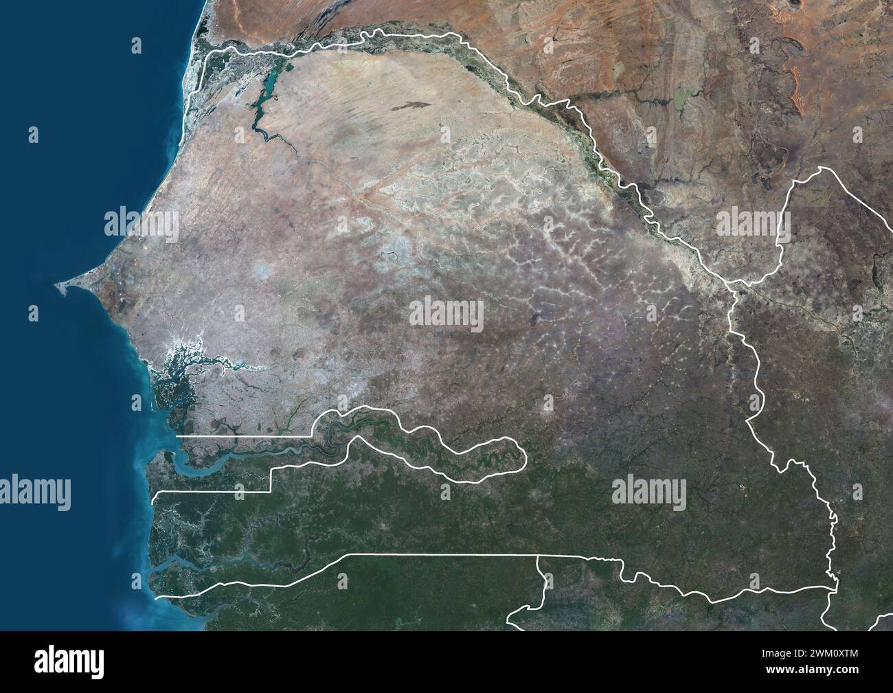 Color satellite image of Senegal, Gambia and neighbouring countries, with borders. Stock Photo