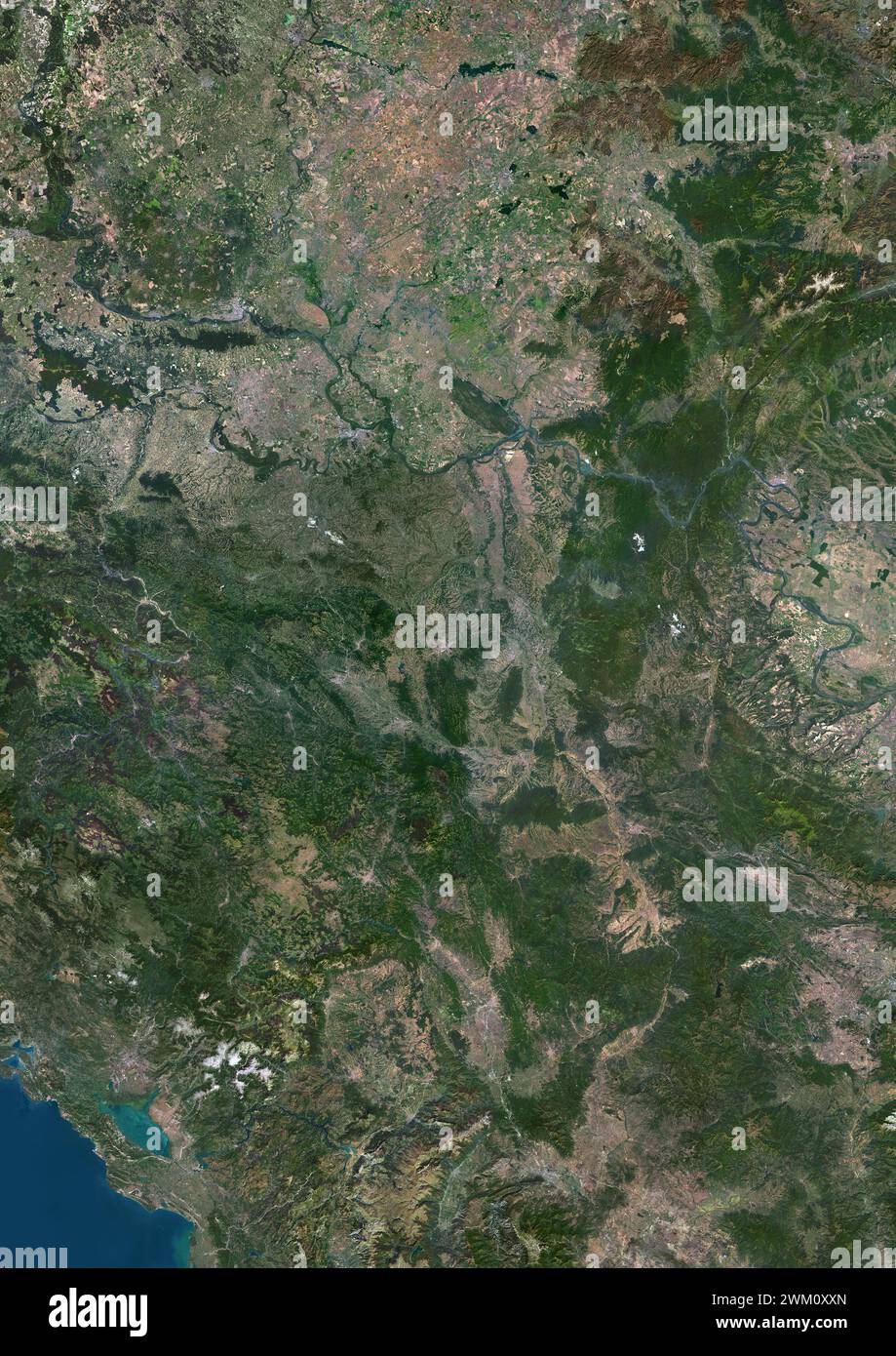 Color satellite image of Serbia, Kosovo and neighbouring countries. Stock Photo