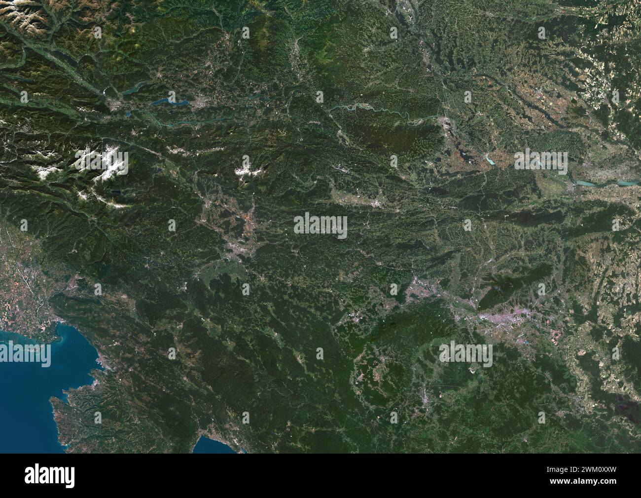 Color satellite image of Slovenia and neighbouring countries. Stock Photo