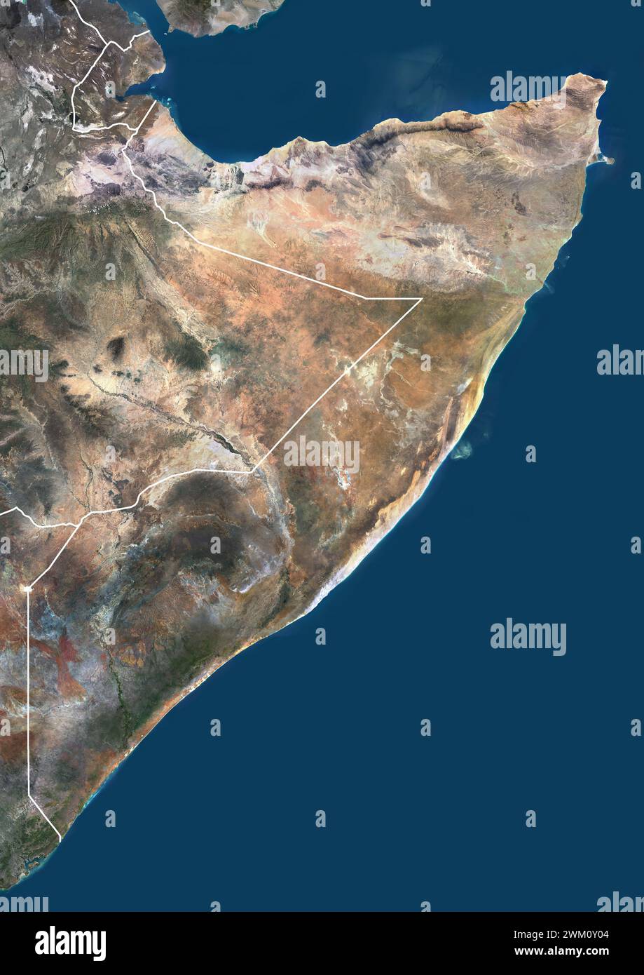 Color satellite image of Somalia and neighbouring countries, with borders. Stock Photo