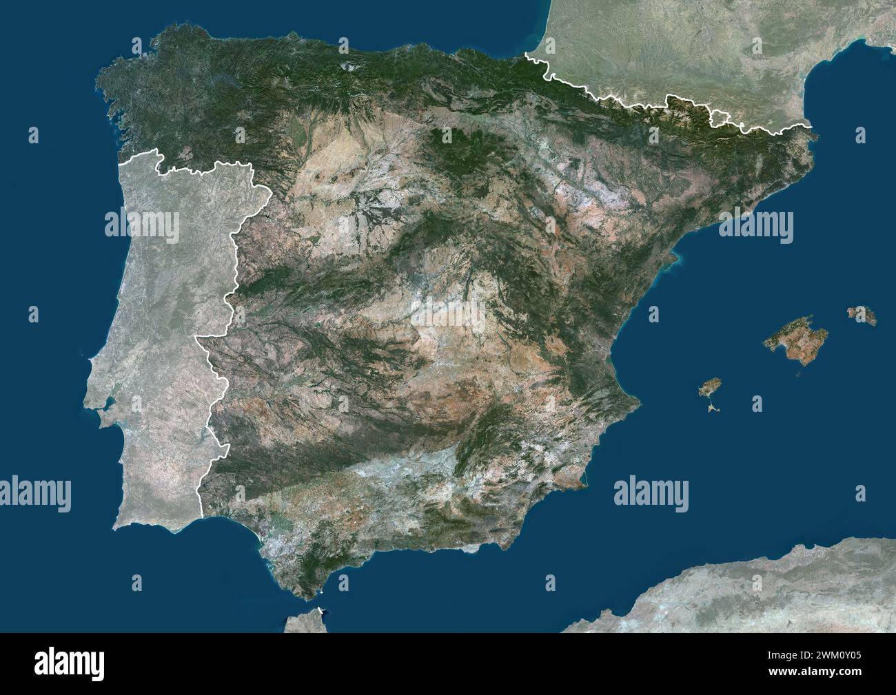 Color satellite image of Spain, with borders and mask. Stock Photo