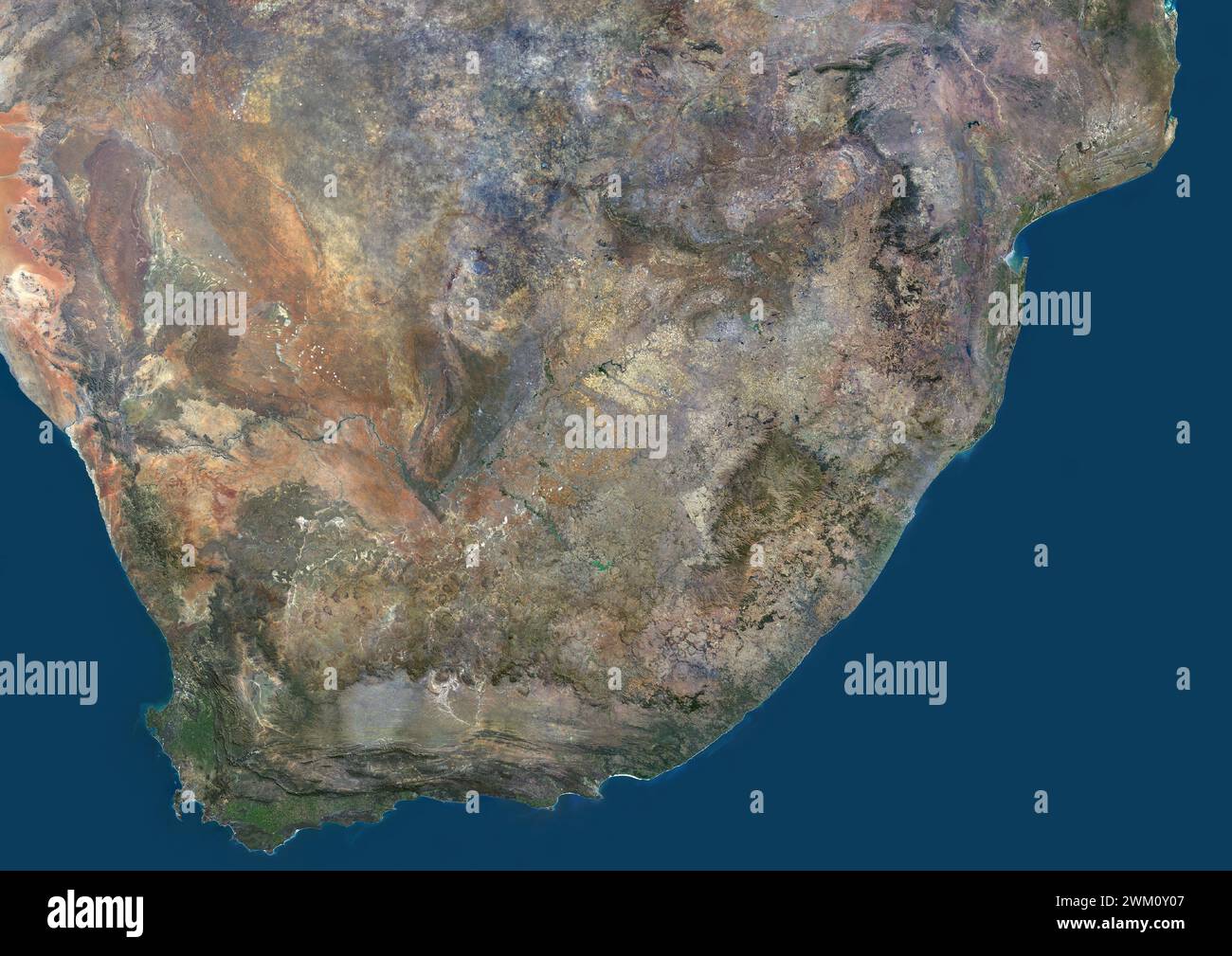 Color satellite image of South Africa and neighbouring countries, including Lesotho and Eswatini (former Swaziland). Stock Photo